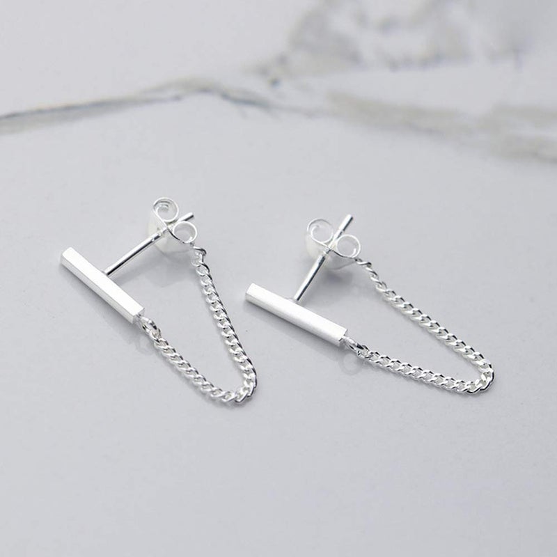 Amkaka Minimalist Bar Earrings with Chain Dangle Earrings 925 Sterling Silver Stud Earrings - Image 3